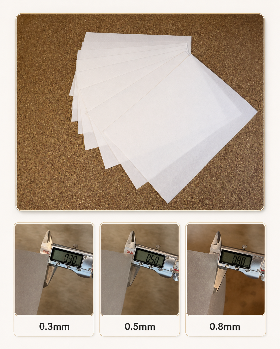 Excelobatics foam sheet stack with 0.3mm, 0.5mm, and 0.8mm caliper measurements